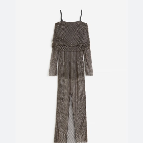 H&M Studio 2023 Rhinestone-Embellished Off-the-Shoulder Dress Charcoal gray/gold - Picture 2 of 16